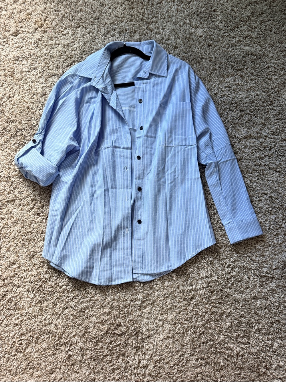 Oversized Light Blue Stripe Button-Down Shirt - Women's Top - Picture 3 of 4